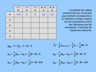 completar las celdas comenzando por la primera (que siempre corresponde a un individuo consigo mismo) con los parentescos entre los individuos que las encabezan. Continuar de izquierda a derecha. D A E C 0.5 0.5 0 0 1+0 B B – E D B – C A ? -? E ? -? C ? -? B 