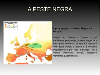 A PESTE NEGRA

A propagação da Peste Negra na
Europa.
Trazida do Oriente ( Crimeia ) por
marinheiros genoveses, a Peste Negra foi a
mais grave epidemia de que há memória.
Num ápice atingiu a Sicília e a Toscana,
propagando-se por toda a Europa, até à
França, Península Ibérica, Inglaterra,
Alemanha, Escandinávia.

 