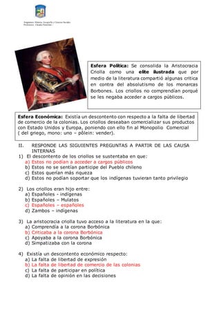 Asignatura: Historia, Geografía y Ciencias Sociales
Profesores: Claudio Panichini –
II. RESPONDE LAS SIGUIENTES PREGUNTAS A PARTIR DE LAS CAUSA
INTERNAS
1) El descontento de los criollos se sustentaba en que:
a) Estos no podían a acceder a cargos públicos
b) Estos no se sentían participe del Pueblo chileno
c) Estos querían más riqueza
d) Estos no podían soportar que los indígenas tuvieran tanto privilegio
2) Los criollos eran hijo entre:
a) Españoles - indígenas
b) Españoles – Mulatos
c) Españoles – españoles
d) Zambos – indígenas
3) La aristocracia criolla tuvo acceso a la literatura en la que:
a) Comprendía a la corona Borbónica
b) Criticaba a la corona Borbónica
c) Apoyaba a la corona Borbónica
d) Simpatizaba con la corona
4) Existía un descontento económico respecto:
a) La falta de libertad de expresión
b) La falta de libertad de comercio de las colonias
c) La falta de participar en política
d) La falta de opinión en las decisiones
Esfera Política: Se consolida la Aristocracia
Criolla como una elite ilustrada que por
medio de la literatura compartió algunas critica
en contra del absolutismo de los monarcas
Borbones. Los criollos no comprendían porqué
se les negaba acceder a cargos públicos.
Esfera Económica: Existía un descontento con respecto a la falta de libertad
de comercio de la colonias. Los criollos deseaban comercializar sus productos
con Estado Unidos y Europa, poniendo con ello fin al Monopolio Comercial
( del griego, mono: uno – pôlein: vender).
 