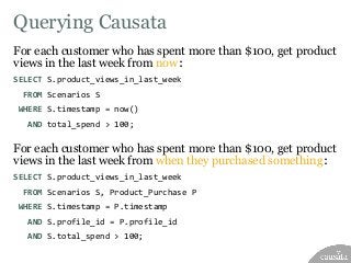 Querying Causata
For each customer who has spent more than $100, get product
views in the last week from now:
SELECT S.pro...