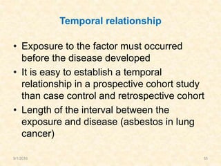 Temporal relationship
• Exposure to the factor must occurred
before the disease developed
• It is easy to establish a temporal
relationship in a prospective cohort study
than case control and retrospective cohort
• Length of the interval between the
exposure and disease (asbestos in lung
cancer)
9/1/2016 55
 
