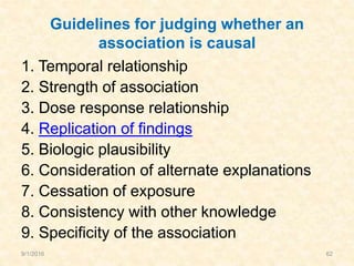 Guidelines for judging whether an
association is causal
1. Temporal relationship
2. Strength of association
3. Dose response relationship
4. Replication of findings
5. Biologic plausibility
6. Consideration of alternate explanations
7. Cessation of exposure
8. Consistency with other knowledge
9. Specificity of the association
9/1/2016 62
 