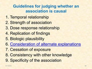Guidelines for judging whether an
association is causal
1. Temporal relationship
2. Strength of association
3. Dose response relationship
4. Replication of findings
5. Biologic plausibility
6. Consideration of alternate explanations
7. Cessation of exposure
8. Consistency with other knowledge
9. Specificity of the association
9/1/2016 68
 