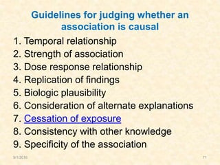 Guidelines for judging whether an
association is causal
1. Temporal relationship
2. Strength of association
3. Dose response relationship
4. Replication of findings
5. Biologic plausibility
6. Consideration of alternate explanations
7. Cessation of exposure
8. Consistency with other knowledge
9. Specificity of the association
9/1/2016 71
 