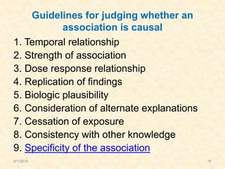 Guidelines for judging whether an
association is causal
1. Temporal relationship
2. Strength of association
3. Dose response relationship
4. Replication of findings
5. Biologic plausibility
6. Consideration of alternate explanations
7. Cessation of exposure
8. Consistency with other knowledge
9. Specificity of the association
9/1/2016 76
 