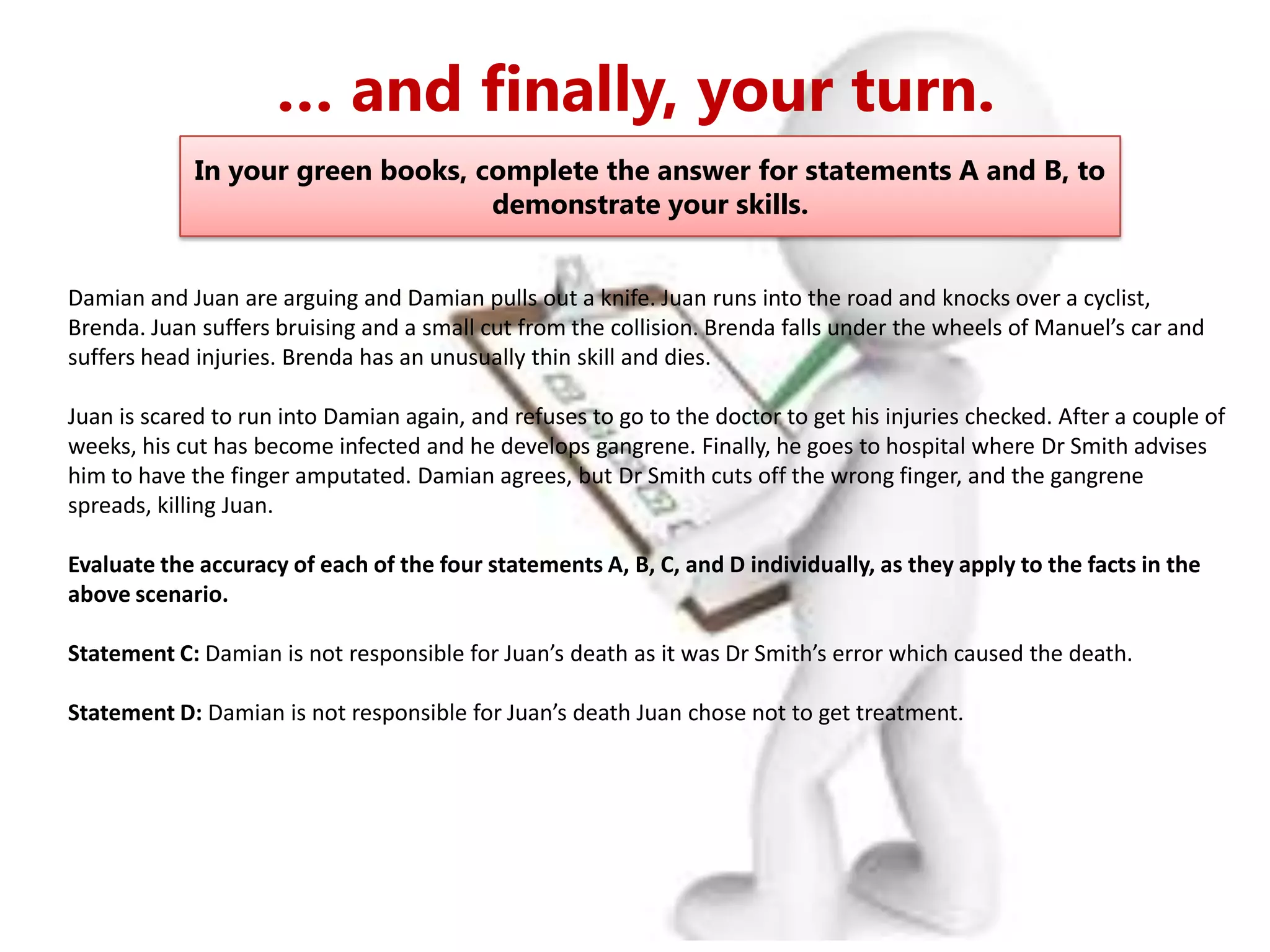 … and finally, your turn.
Damian and Juan are arguing and Damian pulls out a knife. Juan runs into the road and knocks over a cyclist,
Brenda. Juan suffers bruising and a small cut from the collision. Brenda falls under the wheels of Manuel’s car and
suffers head injuries. Brenda has an unusually thin skill and dies.
Juan is scared to run into Damian again, and refuses to go to the doctor to get his injuries checked. After a couple of
weeks, his cut has become infected and he develops gangrene. Finally, he goes to hospital where Dr Smith advises
him to have the finger amputated. Damian agrees, but Dr Smith cuts off the wrong finger, and the gangrene
spreads, killing Juan.
Evaluate the accuracy of each of the four statements A, B, C, and D individually, as they apply to the facts in the
above scenario.
Statement C: Damian is not responsible for Juan’s death as it was Dr Smith’s error which caused the death.
Statement D: Damian is not responsible for Juan’s death Juan chose not to get treatment.
In your green books, complete the answer for statements A and B, to
demonstrate your skills.
 