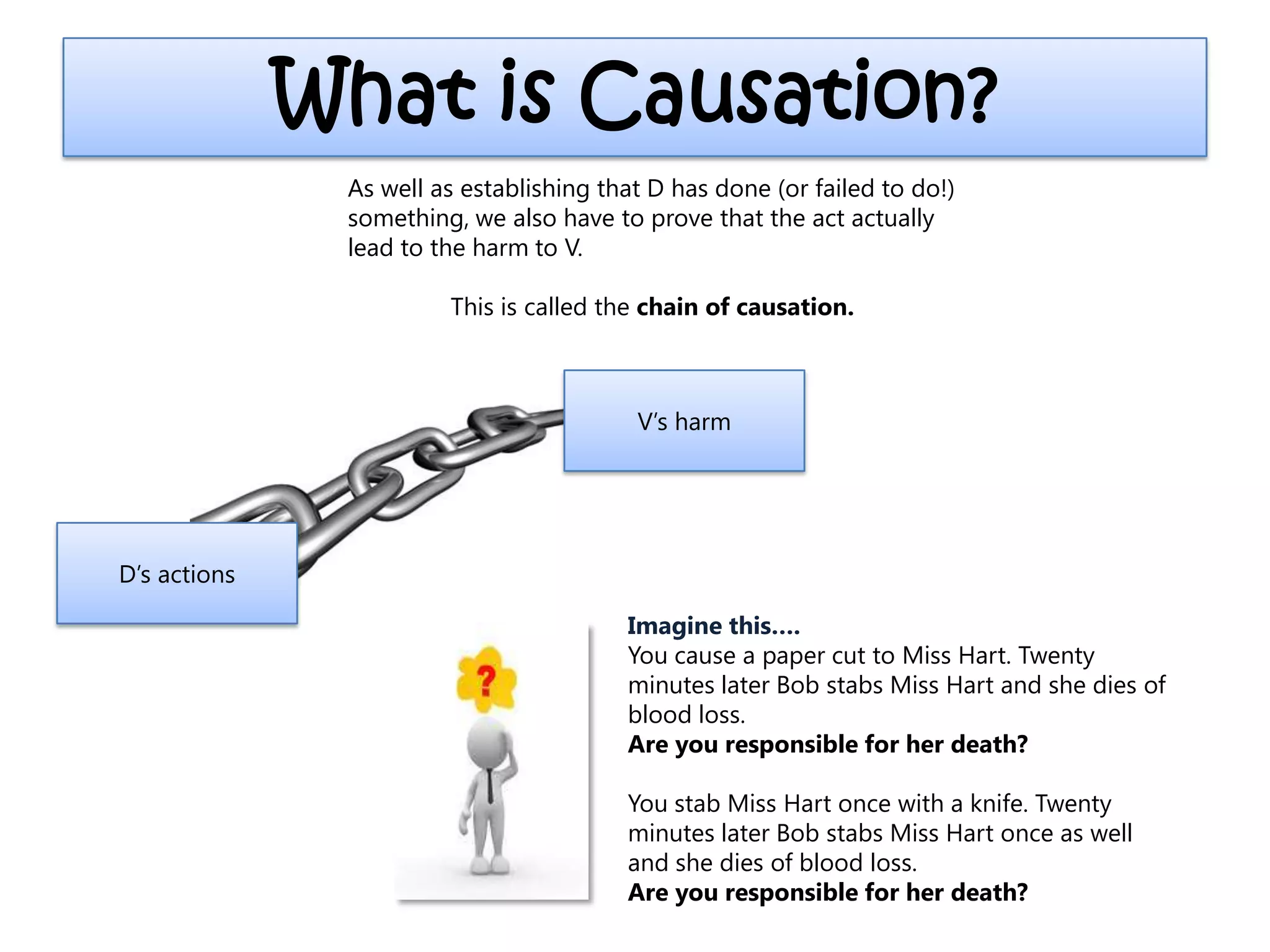What is Causation?
As well as establishing that D has done (or failed to do!)
something, we also have to prove that the act actually
lead to the harm to V.
This is called the chain of causation.
D’s actions
V’s harm
Imagine this….
You cause a paper cut to Miss Hart. Twenty
minutes later Bob stabs Miss Hart and she dies of
blood loss.
Are you responsible for her death?
You stab Miss Hart once with a knife. Twenty
minutes later Bob stabs Miss Hart once as well
and she dies of blood loss.
Are you responsible for her death?
 