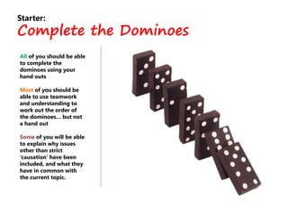 Starter:
Complete the Dominoes
All of you should be able
to complete the
dominoes using your
hand outs
Most of you should be
able to use teamwork
and understanding to
work out the order of
the dominoes… but not
a hand out
Some of you will be able
to explain why issues
other than strict
‘causation’ have been
included, and what they
have in common with
the current topic.
 