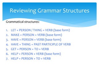 Reviewing Grammar Structures
Grammatical structures:
1. LET + PERSON / THING + VERB (base form)
2. MAKE + PERSON + VERB (base form)
3. HAVE + PERSON + VERB (base form)
4. HAVE + THING + PAST PARTICIPLE OF VERB
5. GET + PERSON + TO + VERB
6. HELP + PERSON + VERB (base form)
7. HELP + PERSON + TO + VERB
 