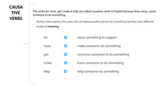 CAUSA
TIVE
VERBS
The verbs let, have, get, make & help are called causative verbs in English because they cause, cause
someone to do something.
 