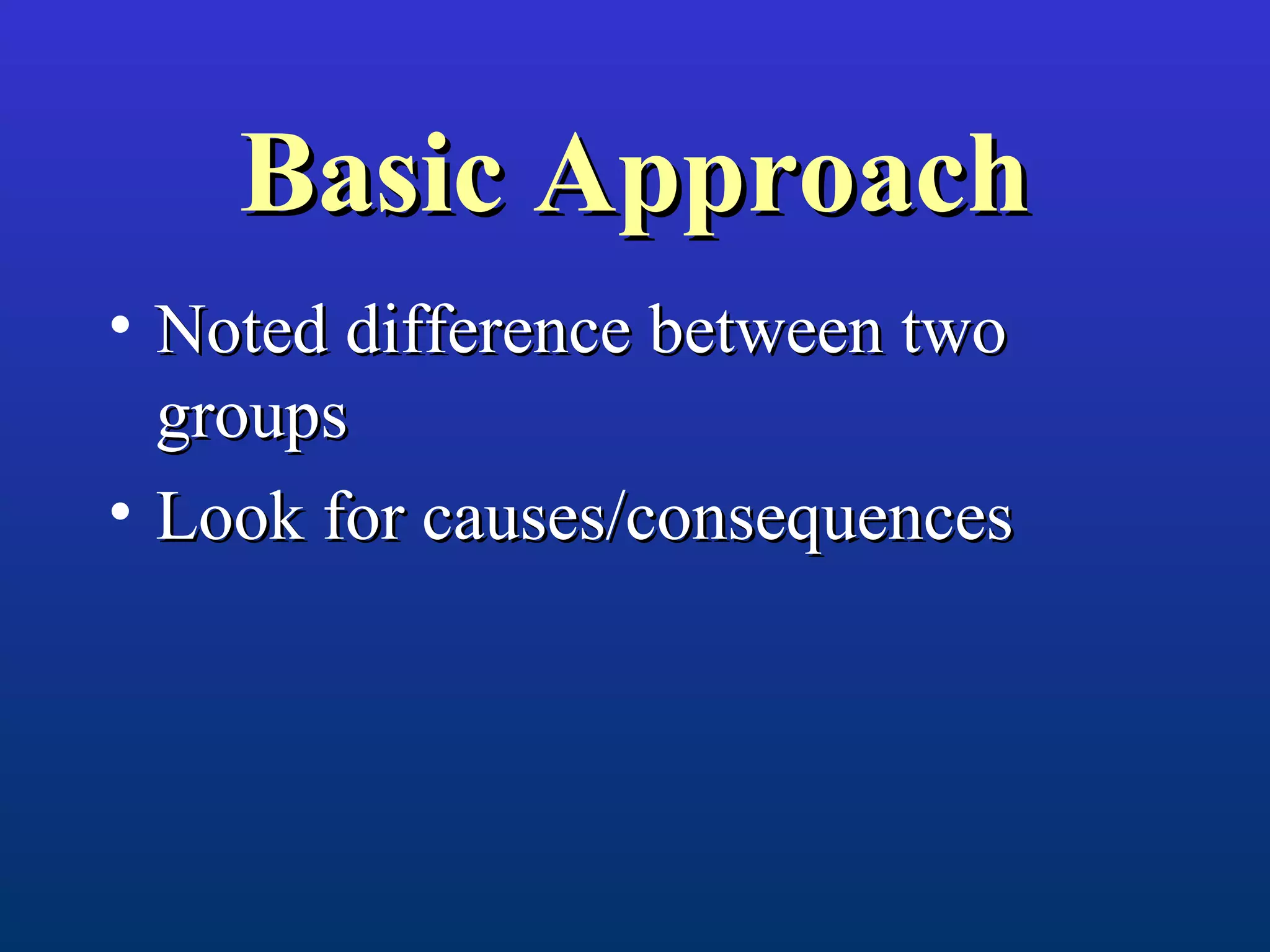 Basic ApproachBasic Approach
• Noted difference between twoNoted difference between two
groupsgroups
• Look for causes/consequencesLook for causes/consequences
 