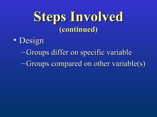 Steps InvolvedSteps Involved
(continued)(continued)
• DesignDesign
– Groups differ on specific variableGroups differ on specific variable
– Groups compared on other variable(s)Groups compared on other variable(s)
 