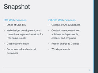 2
Snapshot
OASIS Web Services
• College of Arts & Sciences
• Content management web
solutions to departments,
centers, and programs
• Free of charge to College
• 70+ departments
ITS Web Services
• Office of CIO, ITS
• Web design, development, and
content management services for
ITS, campus units
• Cost recovery model
• Serve internal and external
customers
 