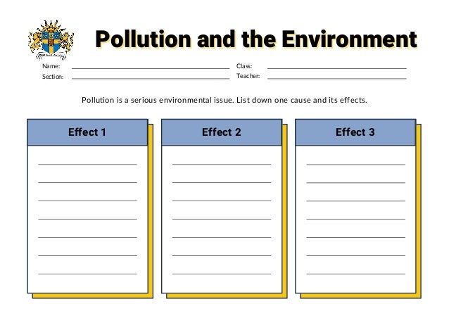 Name:
Section:
Class:
Teacher:
Pollution and the Environment
Pollution and the Environment
Effect 1 Effect 2 Effect 3
Pollution is a serious environmental issue. List down one cause and its effects.
 