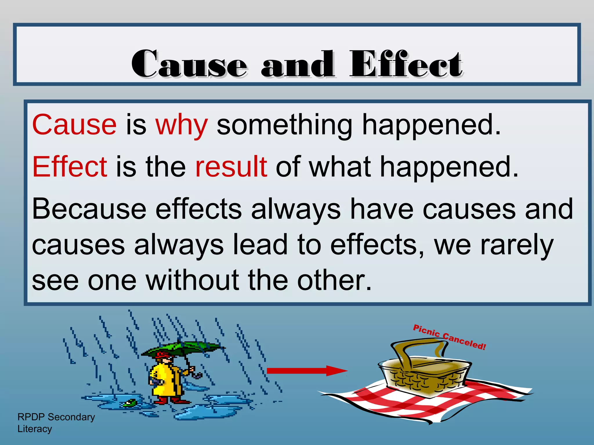 Cause and Effect
  Cause is why something happened.
  Effect is the result of what happened.
  Because effects always have causes and
  causes always lead to effects, we rarely
  see one without the other.
                              Picn
                                  ic C
                                       anc
                                          eled
                                              !




RPDP Secondary
Literacy
 