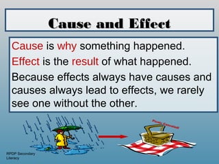Cause and Effect
  Cause is why something happened.
  Effect is the result of what happened.
  Because effects always have causes and
  causes always lead to effects, we rarely
  see one without the other.
                              Picn
                                  ic C
                                       anc
                                          eled
                                              !




RPDP Secondary
Literacy
 
