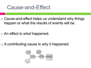 Cause-and-EffectCause-and-effect helps us understand why things happen or what the results of events will be.An effect is what happened.A contributing cause is why it happened.