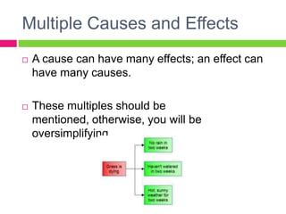 Multiple Causes and EffectsA cause can have many effects; an effect can have many causes.These multiples should be mentioned, otherwise, you will be oversimplifying.
