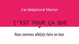 J’ai téléphoné Marion
Nous sommes allé(e)s faire un tour
C’EST POUR ÇA QUE