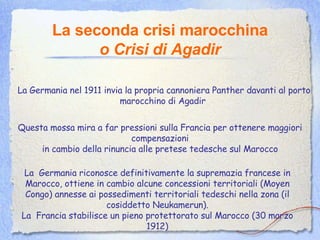 La seconda crisi marocchina o Crisi di Agadir La Germania nel 1911 invia la propria cannoniera Panther davanti al porto marocchino di Agadir   Questa mossa mira a far pressioni sulla Francia per ottenere maggiori compensazioni in cambio della rinuncia alle pretese tedesche sul Marocco La  Germania riconosce definitivamente la supremazia francese in Marocco, ottiene in cambio alcune concessioni territoriali (Moyen Congo) annesse ai possedimenti territoriali tedeschi nella zona (il cosiddetto Neukamerun). La  Francia stabilisce un pieno protettorato sul Marocco (30 marzo 1912) 