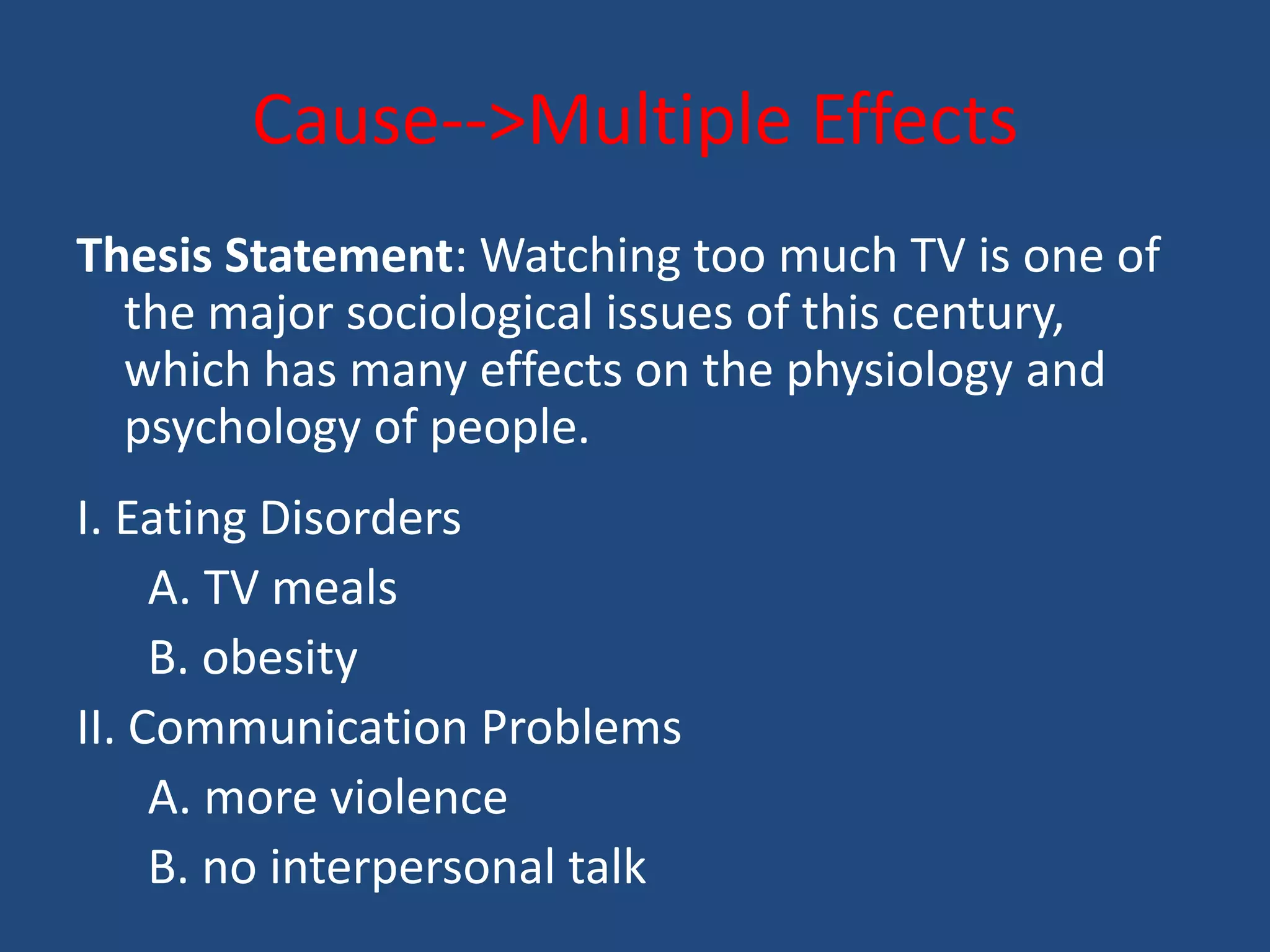 Cause-->Multiple Effects
Thesis Statement: Watching too much TV is one of
  the major sociological issues of this century,
  which has many effects on the physiology and
  psychology of people.
I. Eating Disorders
     A. TV meals
     B. obesity
II. Communication Problems
     A. more violence
     B. no interpersonal talk
 