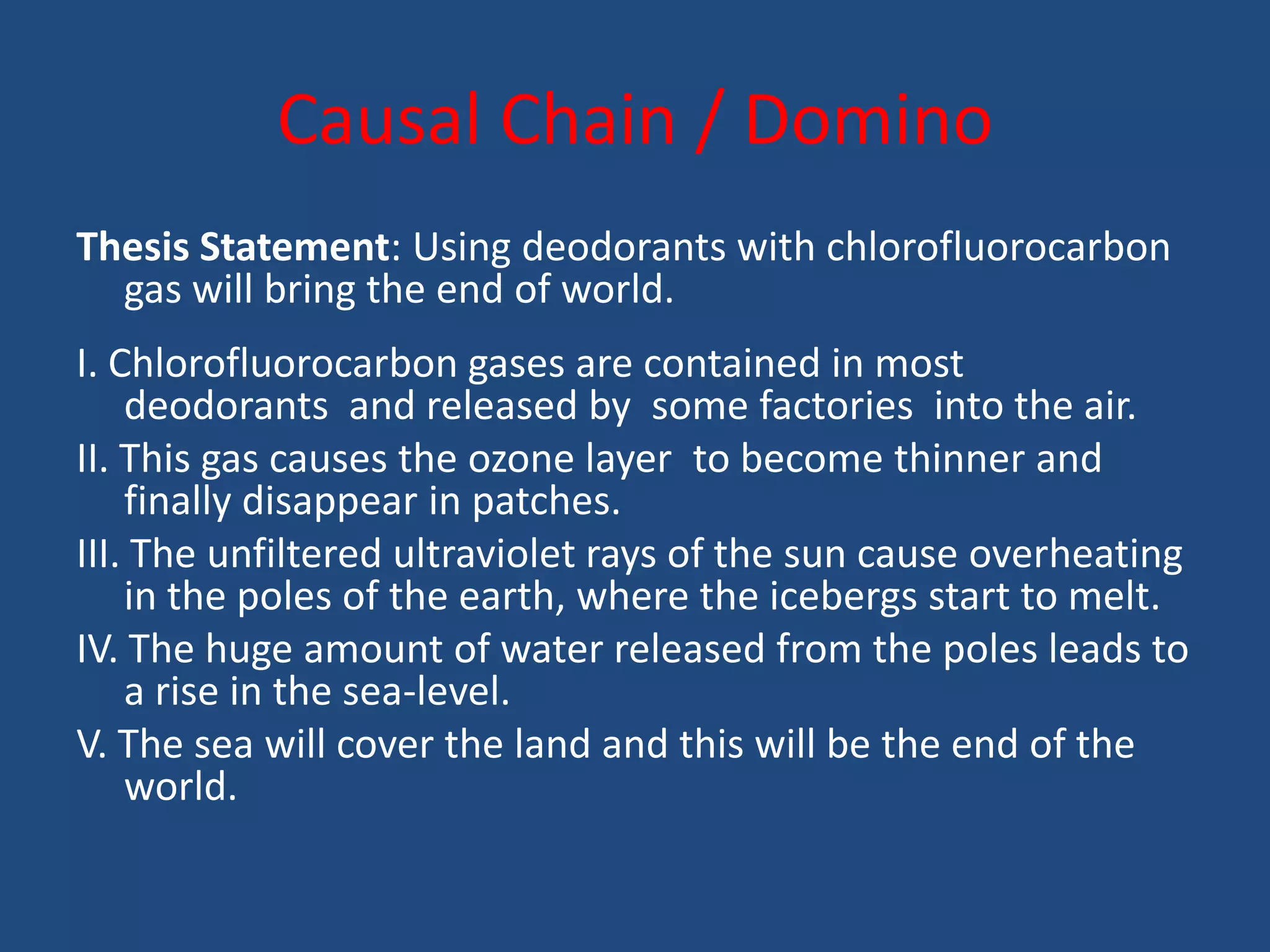 Causal Chain / Domino
Thesis Statement: Using deodorants with chlorofluorocarbon
  gas will bring the end of world.
I. Chlorofluorocarbon gases are contained in most
    deodorants and released by some factories into the air.
II. This gas causes the ozone layer to become thinner and
    finally disappear in patches.
III. The unfiltered ultraviolet rays of the sun cause overheating
    in the poles of the earth, where the icebergs start to melt.
IV. The huge amount of water released from the poles leads to
    a rise in the sea-level.
V. The sea will cover the land and this will be the end of the
    world.
 