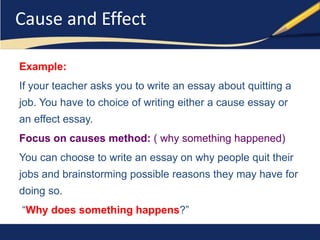 Cause andCo Emfpfearciston Essays 
Example: 
If your teacher asks you to write an essay about quitting a 
job. You have to choice of writing either a cause essay or 
an effect essay. 
Focus on causes method: ( why something happened) 
You can choose to write an essay on why people quit their 
jobs and brainstorming possible reasons they may have for 
doing so. 
“Why does something happens?” 
ELCA 216 2nd semester, 2014 Mrs. Manal Alahmadi 
 
