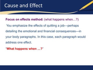 Cause andCo Emfpfearciston Essays 
Focus on effects method: (what happens when…?) 
You emphasize the effects of quitting a job—perhaps 
detailing the emotional and financial consequences—in 
your body paragraphs. In this case, each paragraph would 
address one effect. 
“What happens when …?” 
ELCA 216 2nd semester, 2014 Mrs. Manal Alahmadi 
