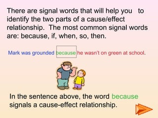 There are signal words that will help you to
identify the two parts of a cause/effect
relationship. The most common signal words
are: because, if, when, so, then.
Mark was grounded because he wasn’t on green at school.
In the sentence above, the word because
signals a cause-effect relationship.
 