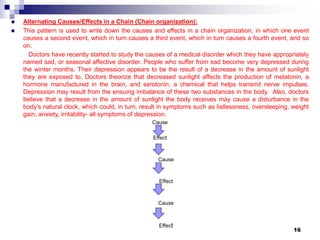  Alternating Causes/Effects in a Chain (Chain organization):
 This pattern is used to write down the causes and effects in a chain organization, in which one event
causes a second event, which in turn causes a third event, which in turn causes a fourth event, and so
on.
Doctors have recently started to study the causes of a medical disorder which they have appropriately
named sad, or seasonal affective disorder. People who suffer from sad become very depressed during
the winter months. Their depression appears to be the result of a decrease in the amount of sunlight
they are exposed to. Doctors theorize that decreased sunlight affects the production of melatonin, a
hormone manufactured in the brain, and serotonin, a chemical that helps transmit nerve impulses.
Depression may result from the ensuing imbalance of these two substances in the body. Also, doctors
believe that a decrease in the amount of sunlight the body receives may cause a disturbance in the
body’s natural clock, which could, in turn, result in symptoms such as listlessness, oversleeping, weight
gain, anxiety, irritability- all symptoms of depression.
Cause
Effect
Cause
Effect
Cause
Effect
16
 
