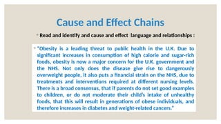Cause and Effect Chains
◦ Read and identify and cause and effect language and relationships :
◦ “Obesity is a leading threat to public health in the U.K. Due to
significant increases in consumption of high calorie and sugar-rich
foods, obesity is now a major concern for the U.K. government and
the NHS. Not only does the disease give rise to dangerously
overweight people, it also puts a financial strain on the NHS, due to
treatments and interventions required at different nursing levels.
There is a broad consensus, that if parents do not set good examples
to children, or do not moderate their child’s intake of unhealthy
foods, that this will result in generations of obese individuals, and
therefore increases in diabetes and weight-related cancers.”
 