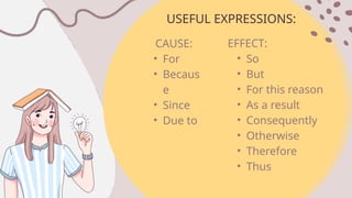 USEFUL EXPRESSIONS:
CAUSE:
• For
• Becaus
e
• Since
• Due to
EFFECT:
• So
• But
• For this reason
• As a result
• Consequently
• Otherwise
• Therefore
• Thus
 