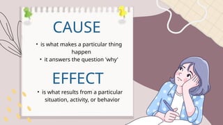 • is what makes a particular thing
happen
• it answers the question 'why'
CAUSE
EFFECT
• is what results from a particular
situation, activity, or behavior
 