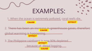 EXAMPLES:
1. When the ocean is extremely polluted, coral reefs die.
2. There has been an increase in greenhouse gases, therefore
global warming is happening.
3. The Philippine rainforest is now 90% depleted
because of illegal logging.
CAUSE
CAUSE
CAUSE
EFFECT
EFFECT
EFFECT
 