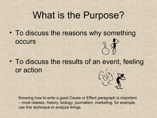 What is the Purpose?
• To discuss the reasons why something
occurs
• To discuss the results of an event, feeling
or action
Knowing how to write a good Cause or Effect paragraph is important
– most classes, history, biology, journalism, marketing, for example,
use this technique to analyze things.
 