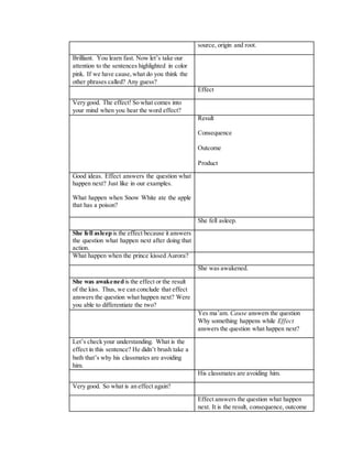 source, origin and root.
Brilliant. You learn fast. Now let’s take our
attention to the sentences highlighted in color
pink. If we have cause,what do you think the
other phrases called? Any guess?
Effect
Very good. The effect! So what comes into
your mind when you hear the word effect?
Result
Consequence
Outcome
Product
Good ideas. Effect answers the question what
happen next? Just like in our examples.
What happen when Snow White ate the apple
that has a poison?
She fell asleep.
She fell asleep is the effect because it answers
the question what happen next after doing that
action.
What happen when the prince kissed Aurora?
She was awakened.
She was awakened is the effect or the result
of the kiss. Thus, we can conclude that effect
answers the question what happen next? Were
you able to differentiate the two?
Yes ma’am. Cause answers the question
Why something happens while Effect
answers the question what happen next?
Let’s check your understanding. What is the
effect in this sentence? He didn’t brush take a
bath that’s why his classmates are avoiding
him.
His classmates are avoiding him.
Very good. So what is an effect again?
Effect answers the question what happen
next. It is the result, consequence, outcome
 