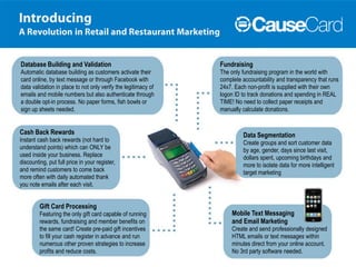 Database Building and Validation                                Fundraising
Automatic database building as customers activate their         The only fundraising program in the world with
card online, by text message or through Facebook with           complete accountability and transparency that runs
data validation in place to not only verify the legitimacy of   24x7. Each non-profit is supplied with their own
emails and mobile numbers but also authenticate through         logon ID to track donations and spending in REAL
a double opt-in process. No paper forms, fish bowls or          TIME! No need to collect paper receipts and
sign up sheets needed.                                          manually calculate donations.


Cash Back Rewards                                                        Data Segmentation
Instant cash back rewards (not hard to                                   Create groups and sort customer data
understand points) which can ONLY be                                     by age, gender, days since last visit,
used inside your business. Replace                                       dollars spent, upcoming birthdays and
discounting, put full price in your register,                            more to isolate data for more intelligent
and remind customers to come back                                        target marketing
more often with daily automated thank
you note emails after each visit.


         Gift Card Processing
         Featuring the only gift card capable of running             Mobile Text Messaging
         rewards, fundraising and member benefits on                 and Email Marketing
         the same card! Create pre-paid gift incentives              Create and send professionally designed
         to fill your cash register in advance and run               HTML emails or text messages within
         numerous other proven strategies to increase                minutes direct from your online account.
         profits and reduce costs.                                   No 3rd party software needed.
 