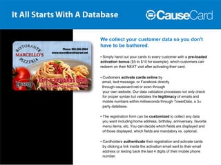 We collect your customer data so you don't
have to be bothered.

• Simply hand out your cards to every customer with a pre-loaded
activation bonus ($5 to $10 for example), which customers can
redeem on their NEXT visit after activating their card.

• Customers activate cards online by
  email, text message, or Facebook directly
  through causecard.net or even through
  your own website. Our data validation processes not only check
  for proper syntax but validates the legitimacy of emails and
  mobile numbers within milliseconds through TowerData, a 3rd
  party database.

• The registration form can be customized to collect any data
  you want including home address, birthday, anniversary, favorite
  menu items, etc. You can decide which fields are displayed and
  of those displayed, which fields are mandatory vs. optional.

• Cardholders authenticate their registration and activate cards
  by clicking a link inside the activation email sent to their email
  address or texting back the last 4 digits of their mobile phone
  number.
 