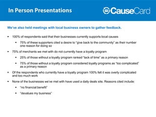 We’ve also held meetings with local business owners to gather feedback.

   100% of respondents said that their businesses currently supports local causes
         75% of these supporters cited a desire to “give back to the community” as their number
          one reason for doing so
   75% of merchants we met with do not currently have a loyalty program
         25% of those without a loyalty program ranked “lack of time” as a primary reason
         75% of those without a loyalty program considered loyalty programs as “too complicated”
          as a primary reason
   Of the respondents who currently have a loyalty program 100% felt it was overly complicated
    and too much work
   None of the businesses we’ve met with have used a daily deals site. Reasons cited include:
         “no financial benefit”
         “devalues my business”
 