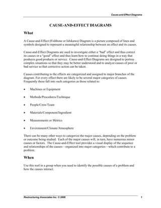 Cause-and-Effect Diagrams
CAUSE-AND-EFFECT DIAGRAMS
What
A Cause-and-Effect (Fishbone or Ishikawa) Diagram is a picture composed of lines and
symbols designed to represent a meaningful relationship between an effect and its causes.
Cause-and-Effect Diagrams are used to investigate either a “bad” effect and thus correct
its causes or a “good” effect and thus learn how to continue doing things in a way that
produces good products or service. Cause-and-Effect Diagrams are designed to portray
complex situations so that they may be better understood and to analyze causes of poor or
bad service so that corrective action can be taken.
Causes contributing to the effects are categorized and assigned to major branches of the
diagram. For every effect there are likely to be several major categories of causes.
Frequently these fall into such categories as those related to:
• Machines or Equipment
• Methods/Procedures/Technique
• People/Crew/Team
• Materials/Component/Ingredient
• Measurements or Metrics
• Environment/Climate/Atmosphere
There can be many other ways to categorize the major causes, depending on the problem
or outcome being studied. Each of the major causes will, in turn, have numerous minor
causes or factors. The Cause-and-Effect tool provides a visual display of the sequence
and relationships of the causes—organized into major categories—which contribute to a
problem.
When
Use this tool in a group when you need to identify the possible causes of a problem and
how the causes interact.
Restructuring Associates Inc. © 2008 1