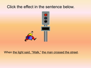Click the effect in the sentence below.
When the light said, “Walk,” the man crossed the street.
 