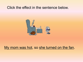 Click the effect in the sentence below.
My mom was hot, so she turned on the fan.
 