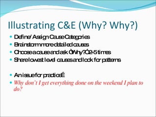Illustrating C&E (Why? Why?) Define/ Assign Cause Categories Brainstorm more detailed causes Choose a cause and ask “Why?” 2-5 times Share lowest level causes and look for patterns An issue for practice… Why don’t I get everything done on the weekend I plan to do? 