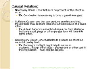 Causal Relation:  Necessary Cause - one that must be present for the effect to occur.  Ex. Combustion is necessary to drive a gasoline engine.  Sufficient Cause - one that can produce an effect unaided, though there may be more than one sufficient cause of a given effect.  Ex. A dead battery is enough to keep a car from starting--but faulty spark plugs or an empty gas tank will have the same effect.  Contributory Cause - one that helps to produce an effect but cannot do so by itself.  Ex. Running a red light might help to cause an accident....though other facts -- pedestrians or other cars in the intersection -- must also be present.  Information taken from:   http://www.howard.k12.md.us/mth/english_dept/adv-comp/eng_effect.html 