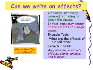 Can we write on effects?
• Of course, not every
cause-effect essay is
about the causes.
• In fact, some may center
on the effects of a single
cause.
• Example Topic:
What are the effects of
air pollution?
• Example Thesis:
Air pollution negatively
affects plants, animals,
and humans.
What is the effect
of caffeine?
 