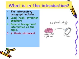 What is in the introduction?
• The introductory
paragraph includes:
1. Lead (hook, attention
grabber)
2. General background
information on the
topic.
3. A thesis statement
 