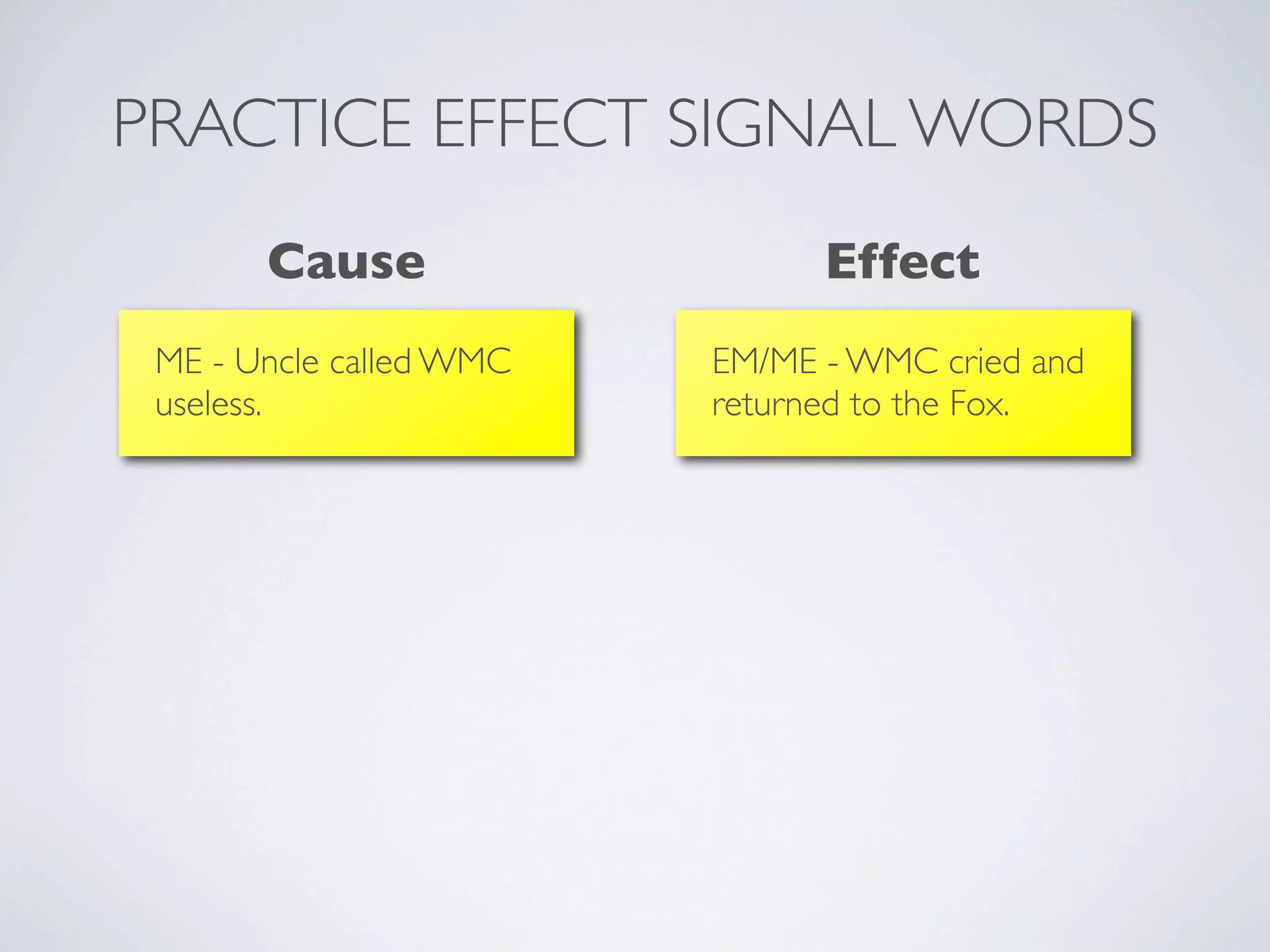 PRACTICE EFFECT SIGNAL WORDS
       Cause                   Effect
 ME - Uncle called WMC   EM/ME - WMC cried and
 useless.                returned to the Fox.
 
