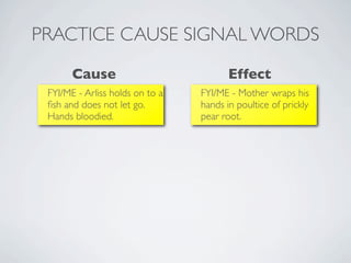 PRACTICE CAUSE SIGNAL WORDS
       Cause                            Effect
 FYI/ME - Arliss holds on to a   FYI/ME - Mother wraps his
 ﬁsh and does not let go.        hands in poultice of prickly
 Hands bloodied.                 pear root.
 