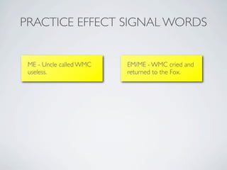 PRACTICE EFFECT SIGNAL WORDS


 ME - Uncle called WMC   EM/ME - WMC cried and
 useless.                returned to the Fox.
 