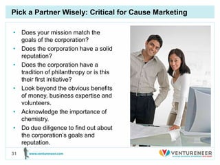 Pick a Partner Wisely: Critical for Cause Marketing

• Does your mission match the
  goals of the corporation?
• Does the ...